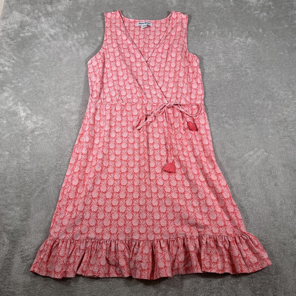Tommy Bahama Dress Womens Small Pink AOP Pineapple Print‎ Wrap Tassel Ruffle Hem